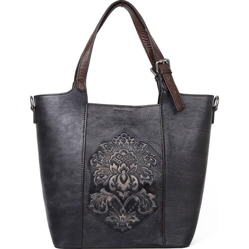 Large Capacity Bucket Bag Genuine Cowhide Handmade Embossing Womens Shoulder Bags 2021 New Vintage Style Luxury Handbags Women