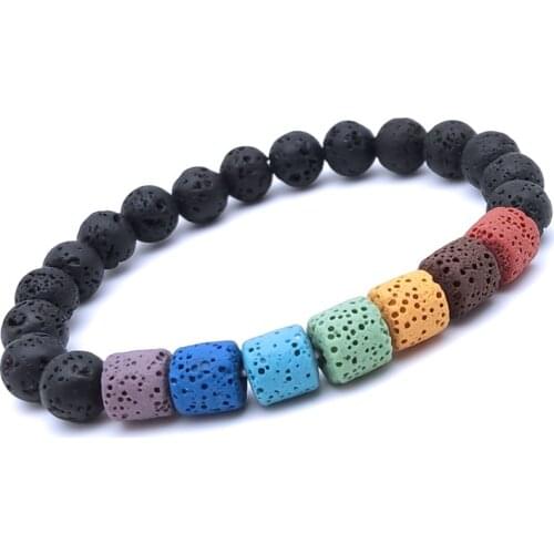 8mm Healing Seven Chakras Bracelet Cylinder Lava Stone Essential Oil Diffuser Black Beads Buddha Yoga Strand Women Men Jewelry