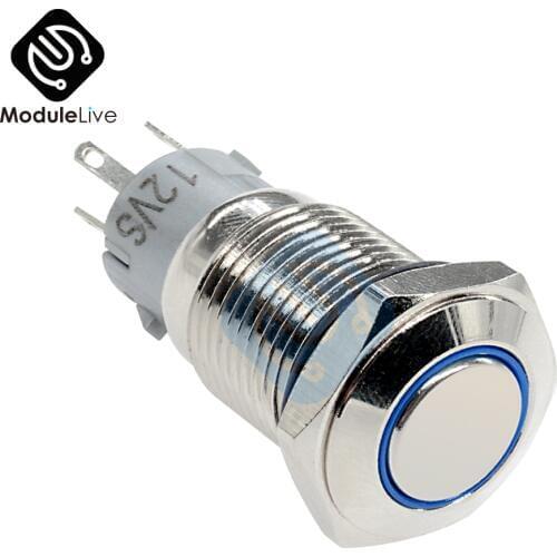 DC 12V 16mm Push Button Switch Blue LED Stainless Steel Control Switch for Car Power Button Screw Clamp DIY