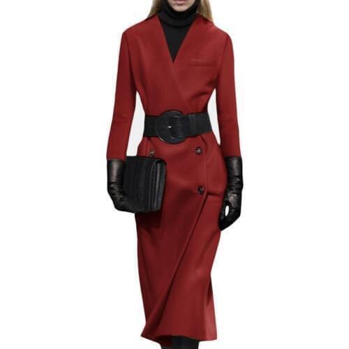 Double-breasted slim long jacket female V-neck long-sleeved woolen coat female