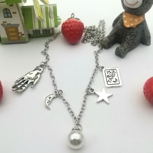 Natural Moonstone Crystal Ball Necklace with Palmistry Charms, Moon and Stars,Wicca,Witch,Pagan,Gypsy,Magic,Fortune Teller