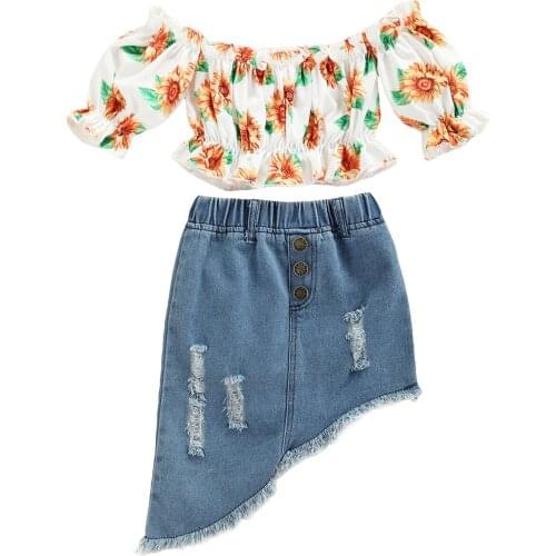 2PCS Toddler Girls Summer Clothes, Off Shoulder Short Sleeve Sunflower Tops + Ripped Denim Skirt Set 1-6T