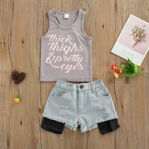 1-5Y Summer Casual Kids Boys Clothes Sets 2pcs Letter Printed Sleeveless Vest Tops Denim Shorts