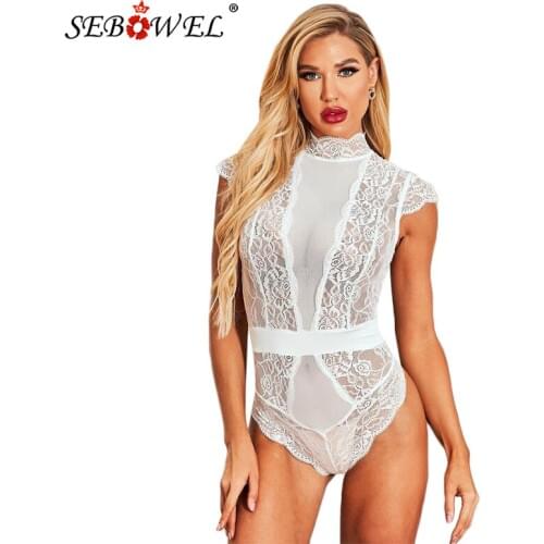 SEBOWEL White Floral Lace Tulle Women Bodysuit Summer Sheer Sexy Cap Sleeve Turtleneck Bodysuits Female Mesh Skinny Body Tops