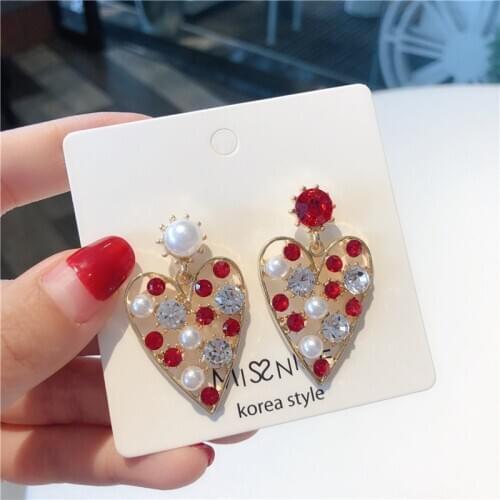 Simulated Pearl Earrings Red White Heart Crystal Earrings for Women Statement Dangle Earings Fashion Jewelry Korean Cute Gift