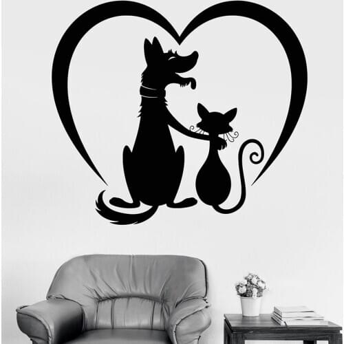 Dog Cat Friends Wall Decal Pets Grooming Salon Animals Love Heart Vinyl Window Sticker Kids Bedroom Nursery Home Decor Art S1413