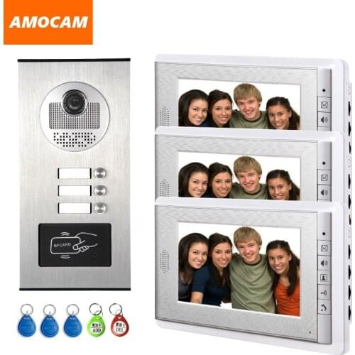 3 Units Apartment intercom system Video Door Phone Door Intercom Aluminum Alloy Camera 7" Monitor video Doorbell 5-RFID Card