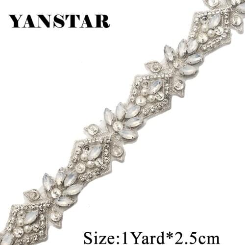 YANSTAR 1 Yard Handmade Opal Rhienstone Applique Rose gold Bridal Belt Trim Iron On Wedding Dress Belt YS912