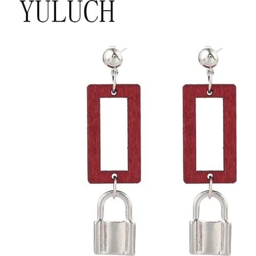 YULUCH women new wood hollow square jewelry ladies metal lock earrings daily casual accessories girls birthday gifts