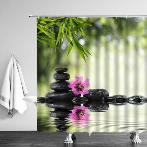 Zen Stone Shower Curtain Bamboo Stone Asian Lotus Flower Spa Bathroom Curtains Waterproof Polyester Fabric For Bathtub Decor