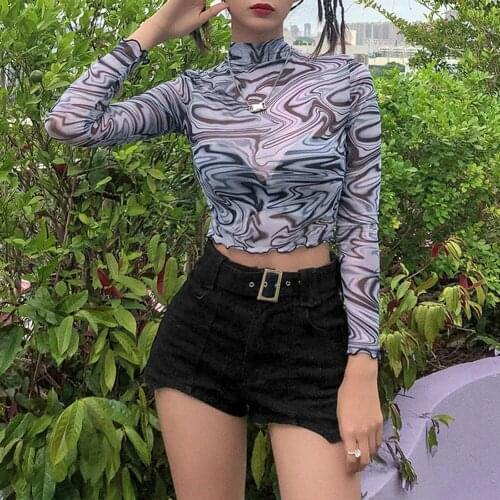 Women Slim Shirt Aesthetic Clothes Mesh Top Jewelry Tie-Dye Transparent High Neck T-Shirt Ruffled Hem Butterfly Sleeve Crop Tops