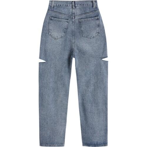 2021 Spring New Fashion Iong Pants Baggy Blue Versatile Denim Trouserr High Waist Women Ripped Jeans Straight Casual Streetwea