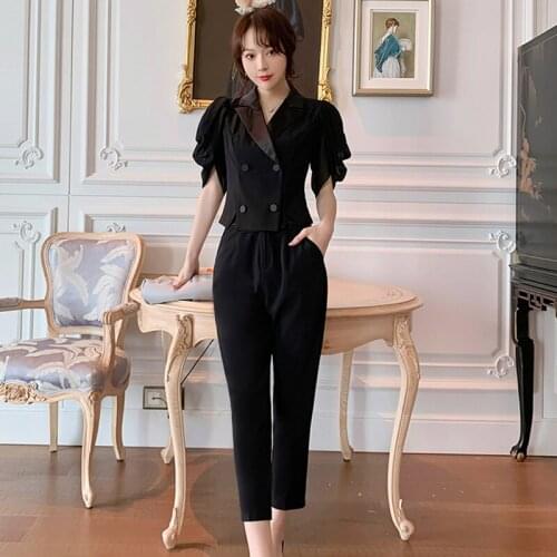 Vintage Short Sleeve Top Professional Women OL Ankle-Length Harem Pants Notched Collar Double Breasted Shirt Blouse 2 Pieces Set