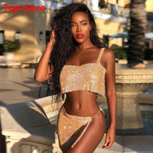 Gothic Sexy Night Club Party Beach Bikini Women 2 Piece Set Top And Skirt Dress Streetwear Casual Temperament Diamond Women Sets