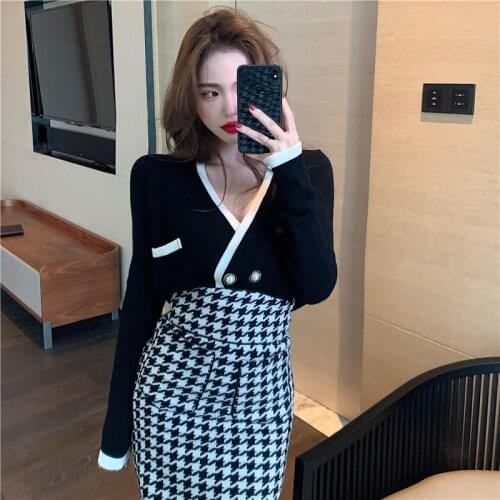 Office Lady Knitted Sweater Cardigans + High Waist Houndstooth Plaid Pencil Skirts Set Split Elegant Two Piece Set Spring B780