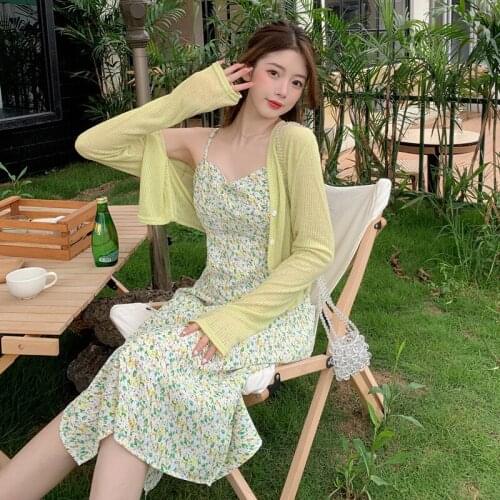 Large Size Summer Wear Womens Clothing French Celebrity Cardigan Two-piece Women Chiffon Floral Dress Spaghetti Strap Split