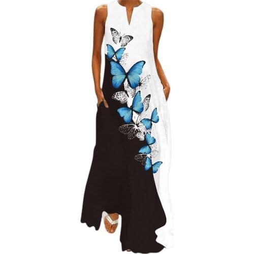 Sleeveless Long Dress Women 2021 Casual Beach Summer Plus Size Dress Lady V Neck Butterfly Printed Elegant Womens Dress