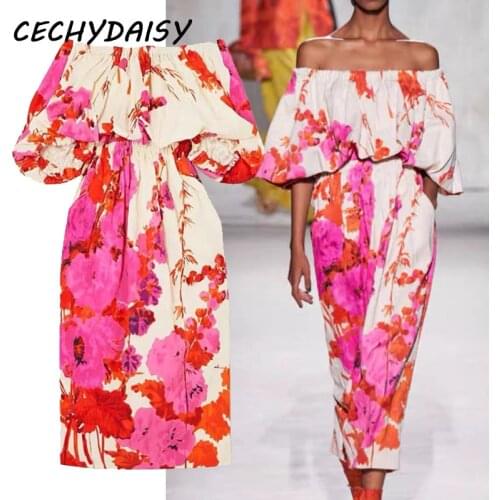 Runway Dress Women High Waist Designer Celebrity Style Flower Printed Sexy Off-Shoulder Chic Lady Party Night Dresses For Womens