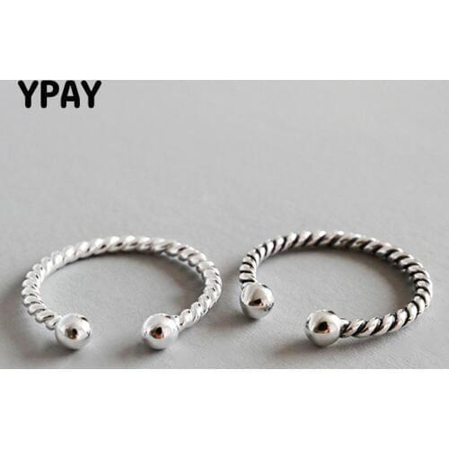 YPAY 100% 925 Sterling Silver Open Ring For Women Braid Pattern Twist Rope Retro Style Double Beads Rings Bijoux Femme YMR534
