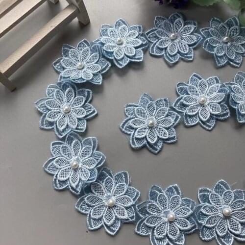 1 Yard Blue Pearl Beaded Embroidered Flower Lace Trim Floral Applique Patches Fabric Sewing Craft Vintage Wedding Dress 5CM New