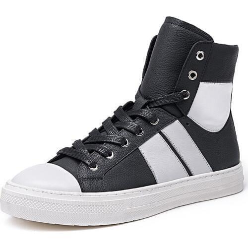 Mens Winter Shoes Designer Round Toe Flat Black&White Boots High Top Real Leather Booties Casual Lace Up Western Ankle Shoes