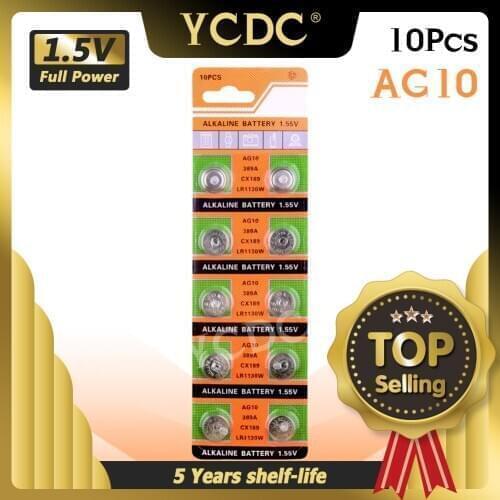 Cheap Real Power For watch Button Battery 10x LR1130 AG10 V10GA Cell Battery Watch Button Coin 189 389 390 LR54