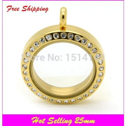 Hot selling stainless steel floating locket gold screw rhinestone floating charm lockets whit glass