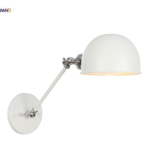 IWHD Loft Decor Industrial Retro Wall Light Fixtures White Adjustable Single Swing Arm Vintage Wall Lamp Sconce Home Lighting