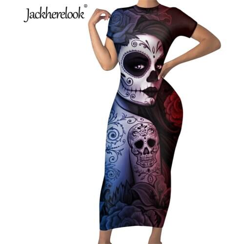Jackherelook Summer Sexy Bodycon Pencil Dresses for Teen Girls Sugar Skull Floral Gothic Brand Design Female Midi Party Dress