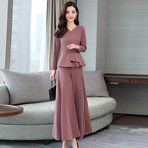 Women 2019 Spring Autumn Wide Leg Pants Suits Female V-Neck Ruffles Shirt Tops Blouse And Loose Trousers Two Piece Sets K202