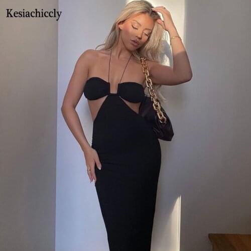 Kesiachiccly 2021 Summer Spaghetti Strap Halter Sexy Backless Midi Dress Elegant Bandage Sleeveless Club Party Dresses Bodycon