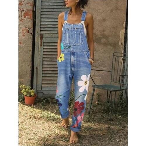 Cute Overalls For Women Rompers Printed Flower Slim Jumpsuit Hot Selling Denim Overall Casual Lady Strap Pencil Pants Trousers