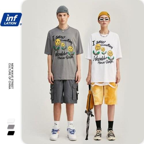 Fashion Cartoon Smiley Face Flower Printing Drop Shoulder Sleeve T-Shirt High Street Trend Hip-Hop Cotton Unisex T Shirt NO56