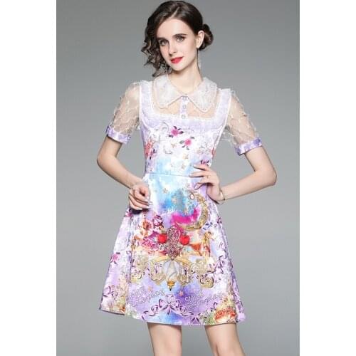 2021 New Women Dresses Lace Office Lady A-LINE Knee-Length Women Dresses Peter Pan Collar Elegant Party Women Summer Dresses