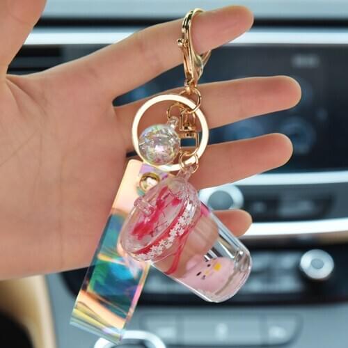 New Milk Tea Cup Keychain Oil Bottle Key Ring with Animal Car Pendant for Women Bag Key Chain Jewelry EH147