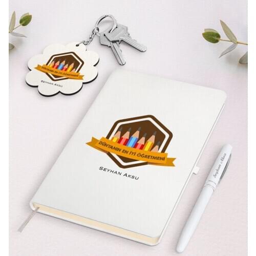Personalized World Best Teacher White Notebook Pen And Keychain Gift Seti-21