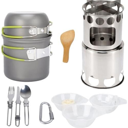 Camping Stove Outdoor Cookware Mess Kit Outdoor Folding Wood Stove Camping Pot Set Bowls Spoon Fork Cutter Tableware Cooking Set