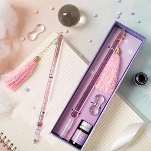 Portable 1Set Beautiful Crystal Dip Ink Pen Glass Signature Pen Translucent Gift