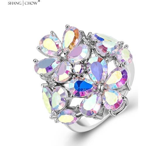 Romantic Huge Flower Jewelry with Mystic Stone 925 Sterling Silver Ring for women evening party brightest star