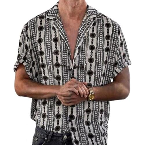 Casual Men Blouses Shirt Vintage Dot Print Top 2021 Turn-down Collar Short Sleeve Loose Button Male Cardigan Shirt Summer