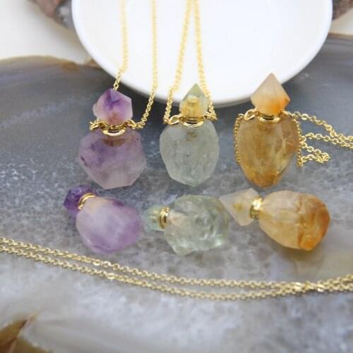 Raw Amethysts/Citrines Perfume Bottle Pendant Necklace,Natural Green Crystal Gems stone Essential Oil Diffuser Vial Charms Chain