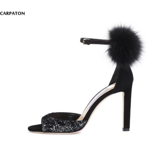 Carpaton Newest Fur Pom-pom Decorations High Heel Sandal 2018 Summer Sexy Peep Toe Ankle Strap Shoes Glitter Embellished Sandal