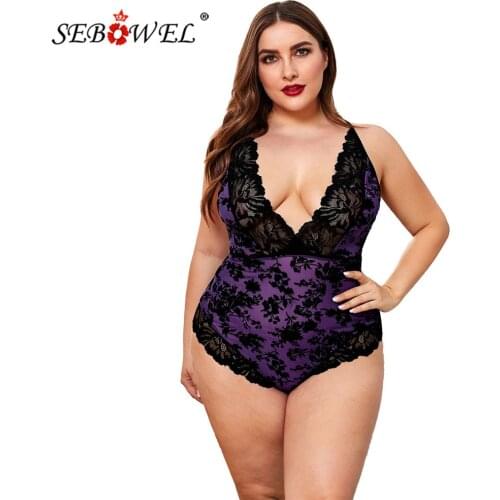 SEBOWEL Sexy Plus Size Sheer Lace Trim Plunging V-neck Bodysuit Women Sleeveless Patchwork Backless Female Body Tops Clothes 5XL