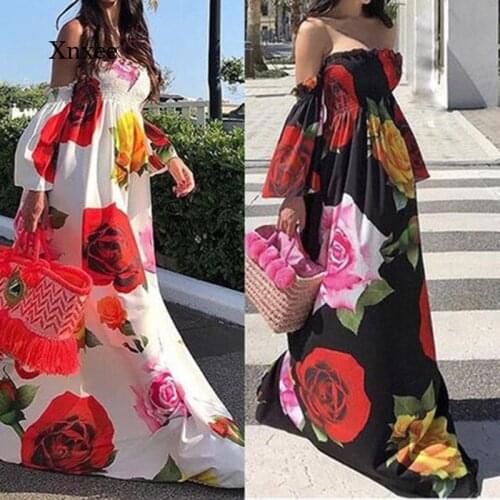 Women Off Shoulder Long Dresses Chiffon Elegant High Waist Elastic Floral Print Maxi Dress Bohemian Beach Vestidos Fashion Robe
