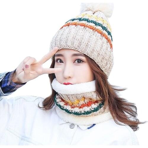 2021 New Winter Trend Ladies Two-Piece Hat Plus Neck Sleeve Knitted Hat Fashion Wool Ball Color Striped Woolen Hat