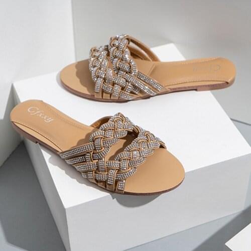 Women Slippers New Rhinestone Braided Cross Decoration Upper Open Toe Flat Outdoor One Font Sandals Large Size 42 Woman Shoes