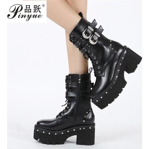 High Heels Female Shoes On Platform Sexy Rivet Chain Chunky Heel Ankle Boots For Women Black Gothic Punk Side zipper boots