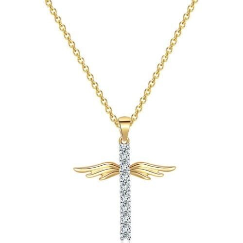 Fashion 14k gold color angel wings cross pendant necklaces for women zircon diamonds gemstones choker jewelry bijoux gifts hot