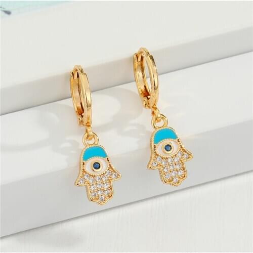 1Pair Crystal Turkish Eye Fatima Hand Hoop Earrings For Women Vintage Cute Evil Eye Circle Small Stud Earrings Jewelry Gift