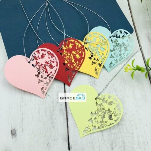 50pcs free shipping Laser Cut Love heart with butterfly Wish Cards Hang Tag Message Cards Wedding Party Decoration Book Marks